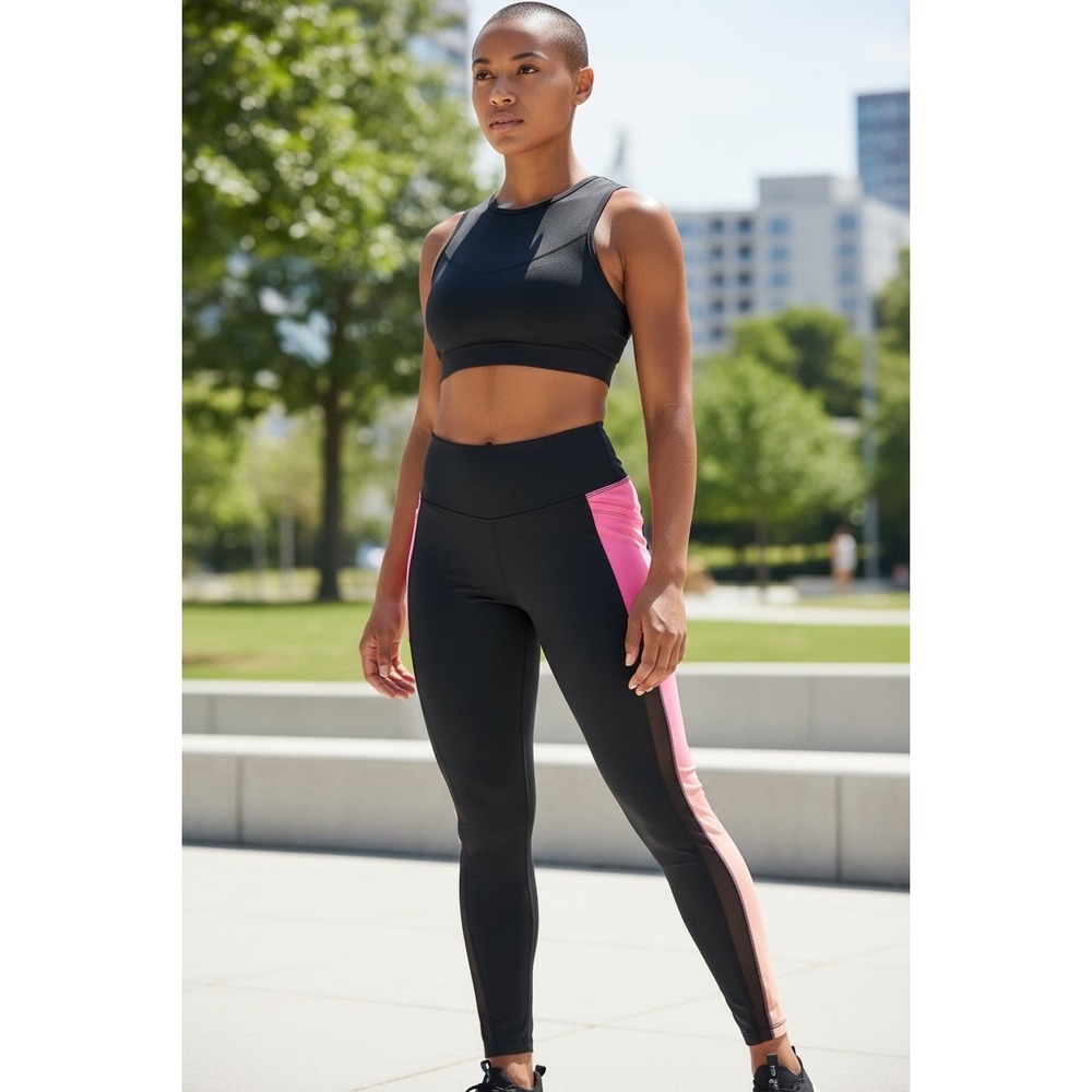PINK ACTIVE Black Pink Colorblock High‎ Waist Leggings M